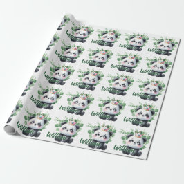 Papel De Regalo Cumpleaños Patrón Verde Acuarela Panda Adorable