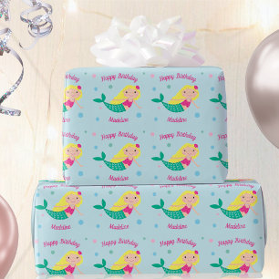 Papel De Regalo Cumpleaños Personalizado Cute Mermaid Blue