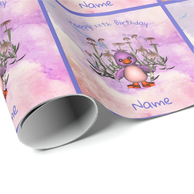 Papel De Regalo Cumpleaños personalizado de Cute Purple Bird Daisy (Esquina del rollo)