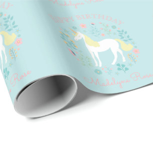 Papel De Regalo Cumpleaños personalizado de Floral Aqua de Unicorn