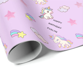 Papel De Regalo Cumpleaños Personalizado de Unicornio Morado Claro