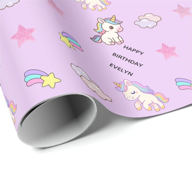 Papel De Regalo Cumpleaños Personalizado de Unicornio Morado Claro (Esquina del rollo)