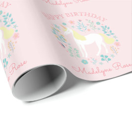 Papel De Regalo Cumpleaños Personalizado Unicornio Floral Rosa Rub
