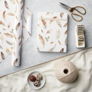 Papel De Regalo Cumpleaños Plumas Boho Crema