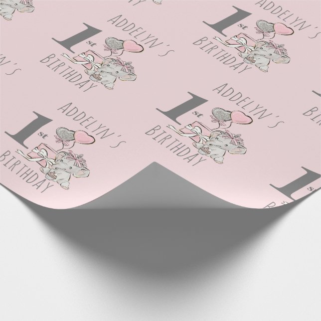 Papel De Regalo Cumpleaños Princesa Elefante Bebé Niña Rosa 1er (Esquina)