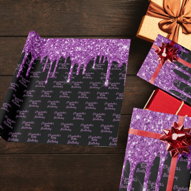 Papel De Regalo Cumpleaños purpurina morado negro goteo nombre gla (Subido por el creador)