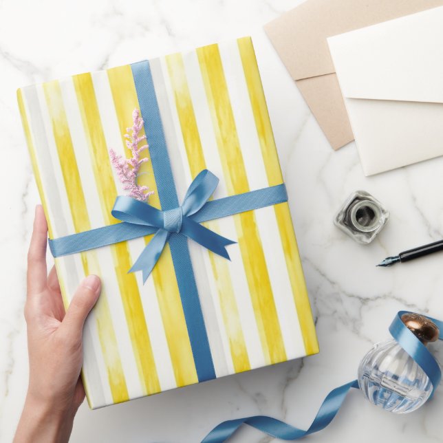Papel De Regalo Cumpleaños Rayas Blancas Amarillo Limón (Regalar)