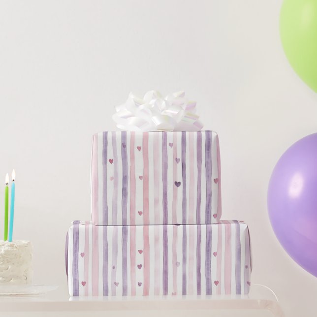 Papel De Regalo Cumpleaños Rayas Corazones Rosa Morado (Regalos de fiesta)