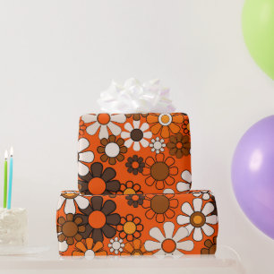 Papel De Regalo Cumpleaños Retro 70 Boho Floral Marrón Naranja