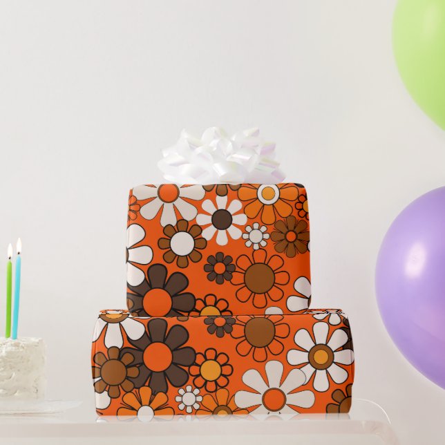 Papel De Regalo Cumpleaños Retro 70 Boho Floral Marrón Naranja (Regalos de fiesta)