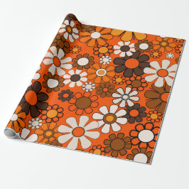 Papel De Regalo Cumpleaños Retro 70 Boho Floral Marrón Naranja