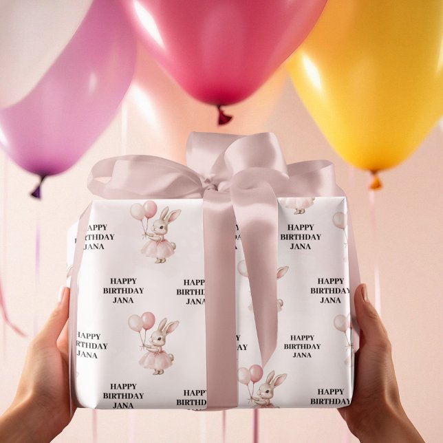 Papel De Regalo Cumpleaños rosa Bunny Pastel | Cute Feliz Cumpleañ (Subido por el creador)