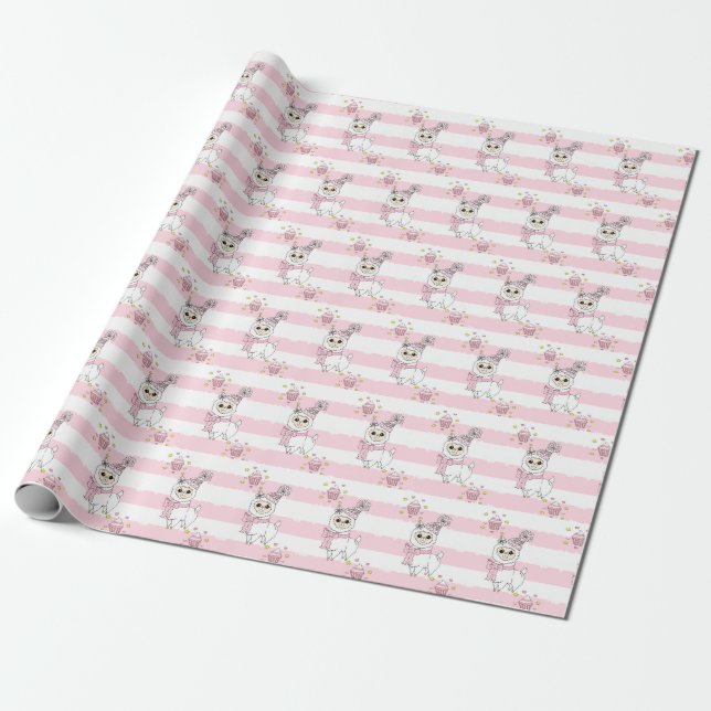 Papel De Regalo Cumpleaños Rosa Lama Cute (Desenrollado)