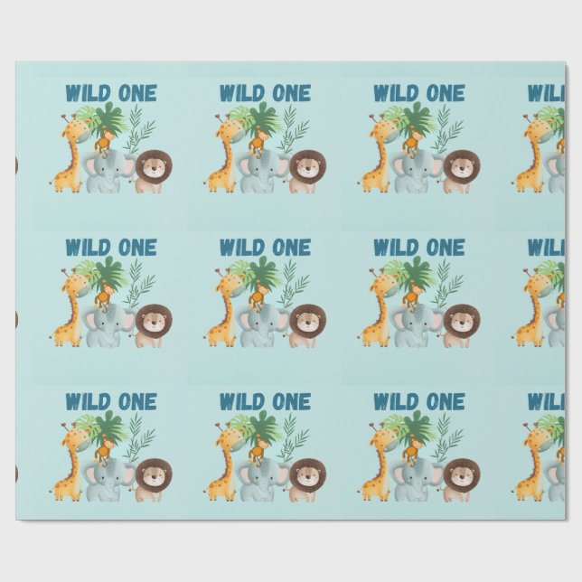 Papel De Regalo Cumpleaños Safari Animals Wild One  (Superficie plana)