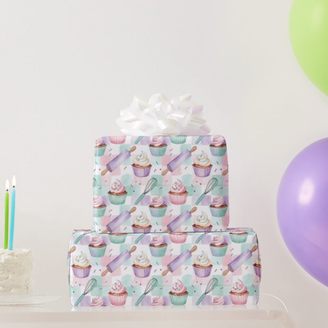 Papel De Regalo Cupcake de Acuarela Lila Pastel Repostería (Regalos de fiesta)