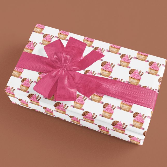 Papel De Regalo Cupcake de acuarela rosa con patrón de chocolate (Subido por el creador)