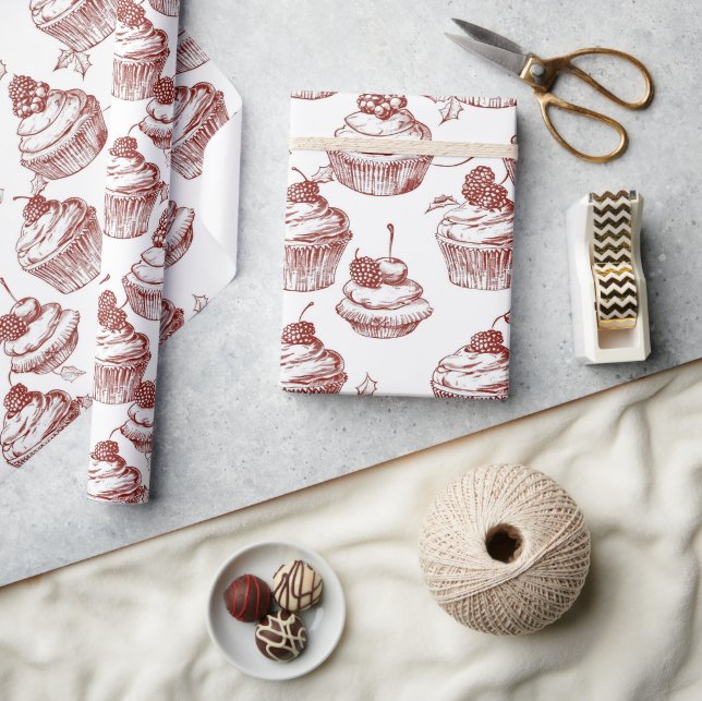 Papel De Regalo Cupcake de Navidad Rojo Vintage (Artesanía)