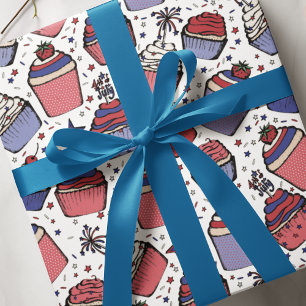 Papel De Regalo Cupcake Patriótico Rojo, Blanco y Azul