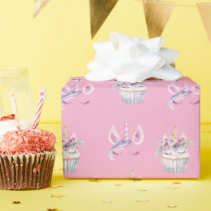 Papel De Regalo Cupcakes Florales de Cumpleaños Unicornio Rosa Púr