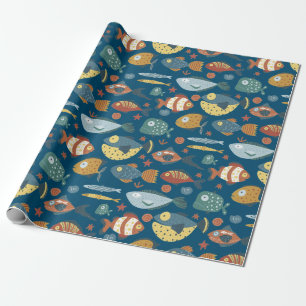 Papel De Regalo Curioso patrón azul de peces oceánicos extravagant
