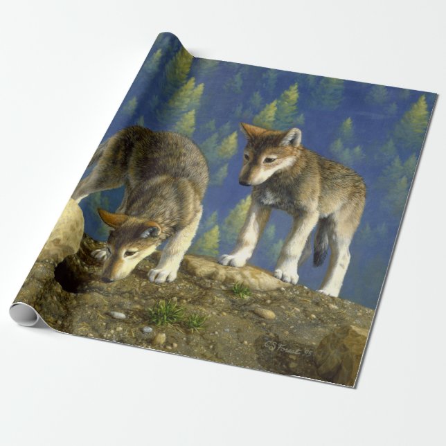 Papel De Regalo Curiosos Gris Gray Wolf Pups (Desenrollado)