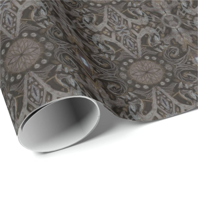 Papel De Regalo Curvas y Lotuses damasco taupe carbón vegetal negr (Esquina del rollo)