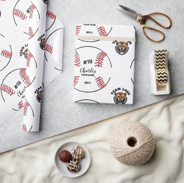 Papel De Regalo Custom Baseball Player Name Number and Team Logo (Artesanía)