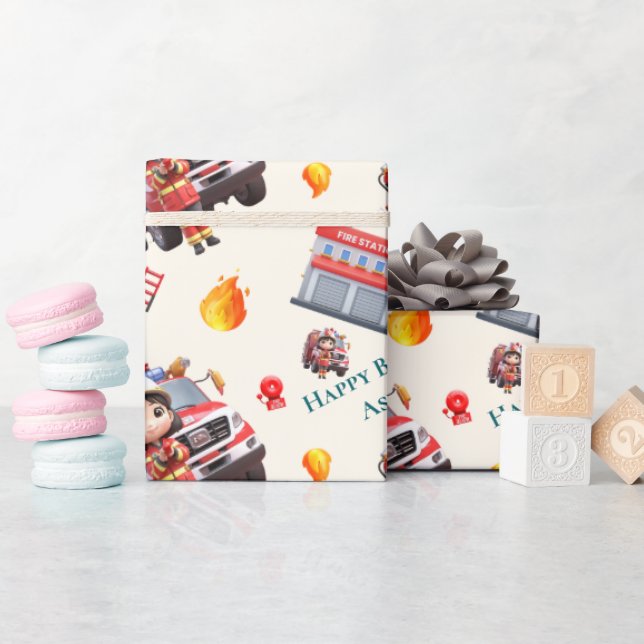 Papel De Regalo Custom Cute Fun 3D Firefighter Girls Birthday |  (Baby Shower)