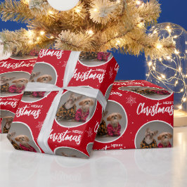 Papel De Regalo Custom Deep Red Merry Christmas One Circle Photo