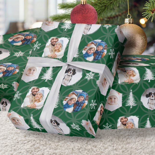 Papel De Regalo Custom Family Photo Collage Green Christmas (Custom multi-photo Christmas gift wrap, in green with geometric pattern, trees and snowflakes)