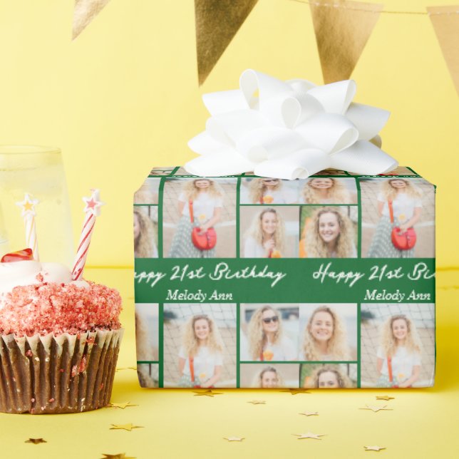 Papel De Regalo Custom Green Happy Birthday Photo Collage (Fiesta de cumpleaños )