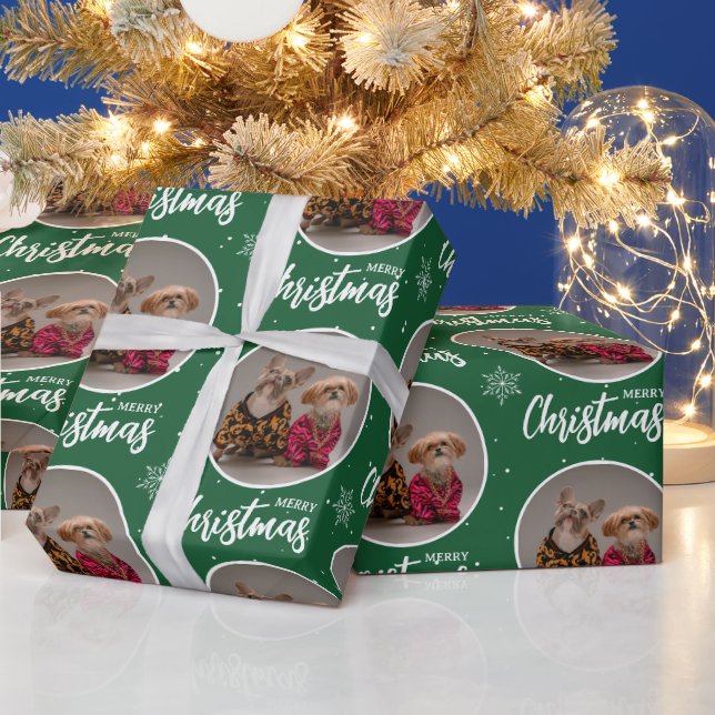 Papel De Regalo Custom Green Merry Christmas One Circle Photo (Vacaciones)