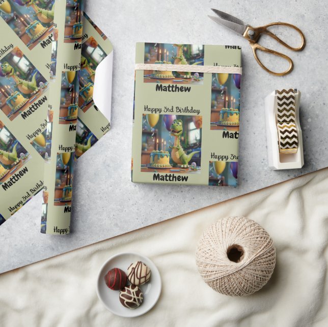 Papel De Regalo Custom Happy 3rd Birthday Congratulations, Dino   (Artesanía)