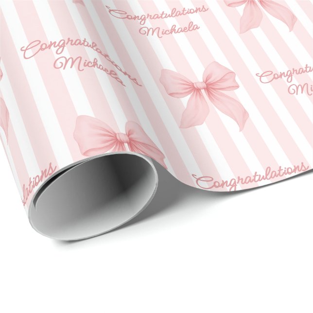 Papel De Regalo Custom Message Pink Coquette Bows Congratulations (Esquina del rollo)