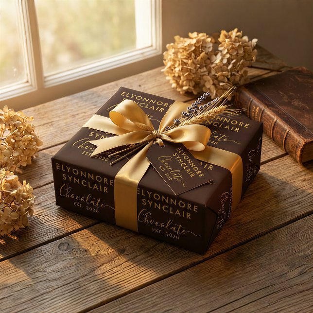 Papel De Regalo Custom Name Est Date Brown Gold Script Chocolate (Subido por el creador)
