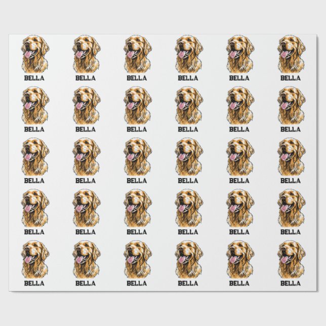 Papel De Regalo Custom Name Golden Retriever Dog Portrait Funny  (Superficie plana)