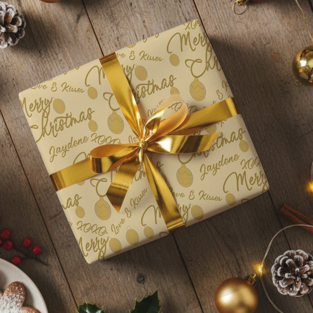 Papel De Regalo Custom Name Message Gold Christmas Wrapping Paper (Chic gold writing on cream Christmas Paper that you can customize for the special occasion. )