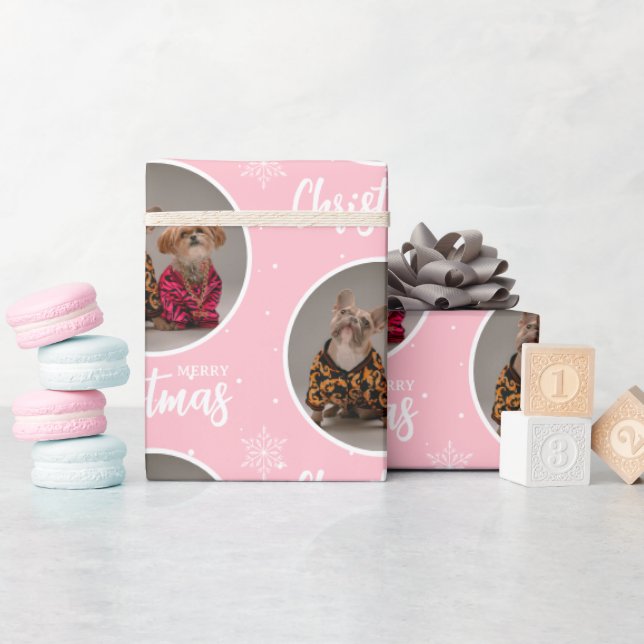 Papel De Regalo Custom Pink Merry Christmas One Circle Photo (Baby Shower)