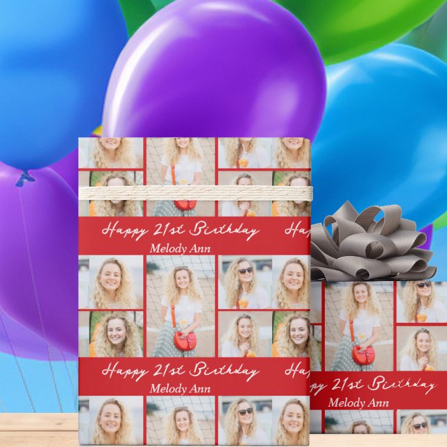 Papel De Regalo Custom Red Happy Birthday Photo Collage (Subido por el creador)