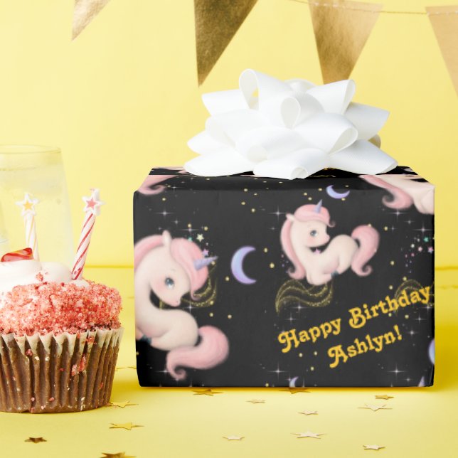 Papel De Regalo Custom Whimsical Pink Unicorn Girls Birthday |  (Fiesta de cumpleaños )