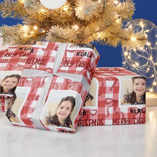 Papel De Regalo Customizable Photo & Name Christmas Check Ribbon (Vacaciones)