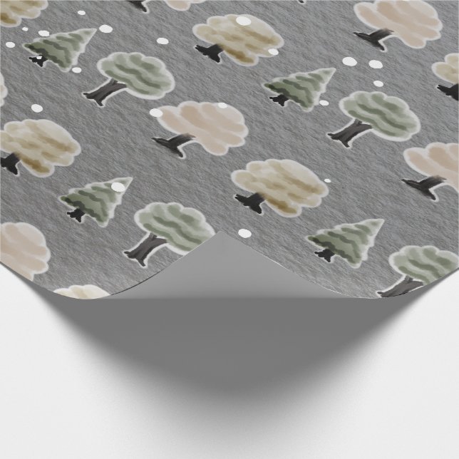 Papel De Regalo Cuta acuarela Árboles invernales Nieve gris (Esquina)
