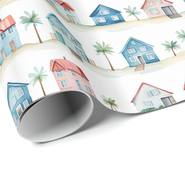 Papel De Regalo Cuta acuarela Casas de Playa Patrón Tropical (Esquina del rollo)