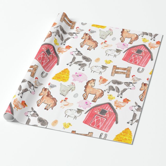 Papel De Regalo Cuta acuarela Rústica Granja Barnyard Animales (Desenrollado)