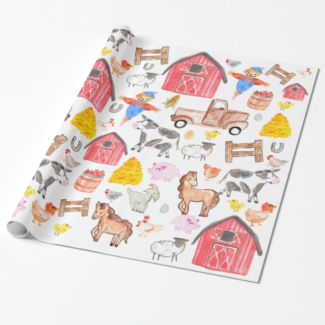 Papel De Regalo Cuta acuarela Rústica Granja Barnyard Animales (Desenrollado)