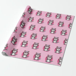 Papel De Regalo Cuta Personalizado Chibi Kawaii Cat En Rosa