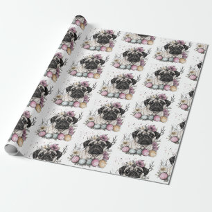 Papel De Regalo Cutáneo pug de Pascua acuarela floral