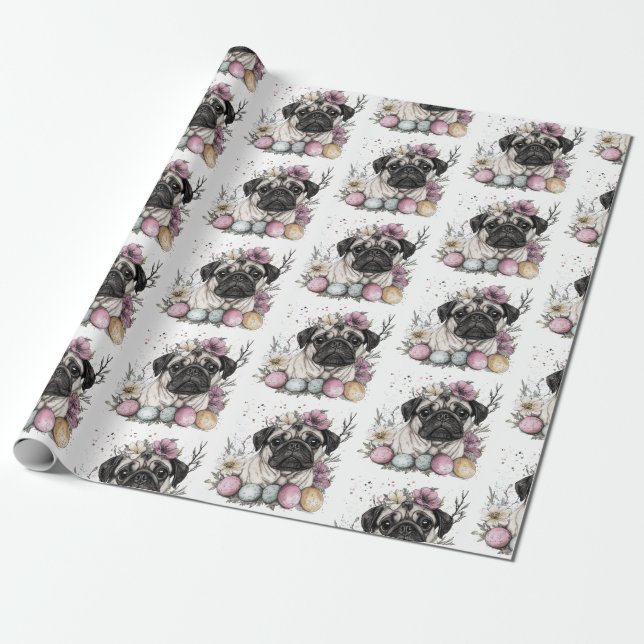 Papel De Regalo Cutáneo pug de Pascua acuarela floral (Desenrollado)