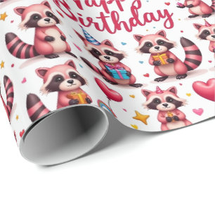 Papel De Regalo Cute acuarela Racconones rosados Escena de cumplea