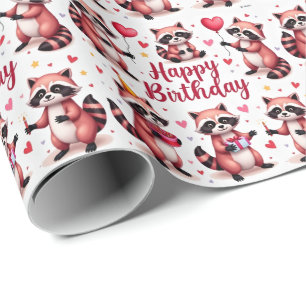 Papel De Regalo Cute acuarela Raccoon rosa Escena de cumpleaños -